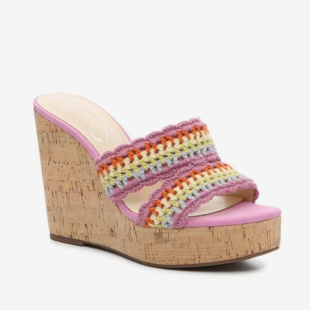 Jessica Simpson Satela Cork Wedge Slip On Crochet Strap Sandal Pink Size 8 NWOT